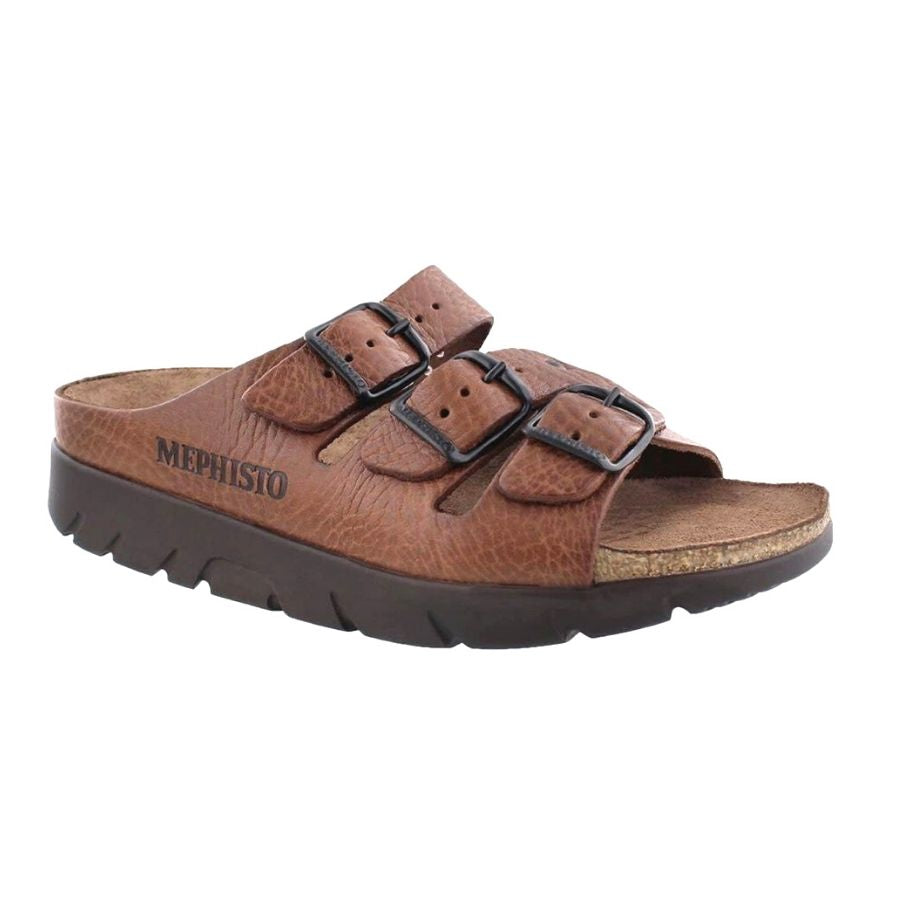 Mephisto Zach Footbed Sandal in brown leather with triple adjustable buckles and anatomical footbed for men's all-day comfort and shock absorption.