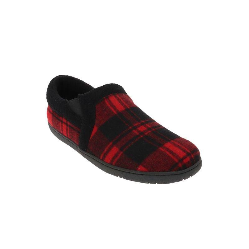 Slipper with a red and black plaid upper, black trim, and a black rubber outsole.