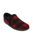 Slipper with a red and black plaid upper, black trim, and a black rubber outsole.