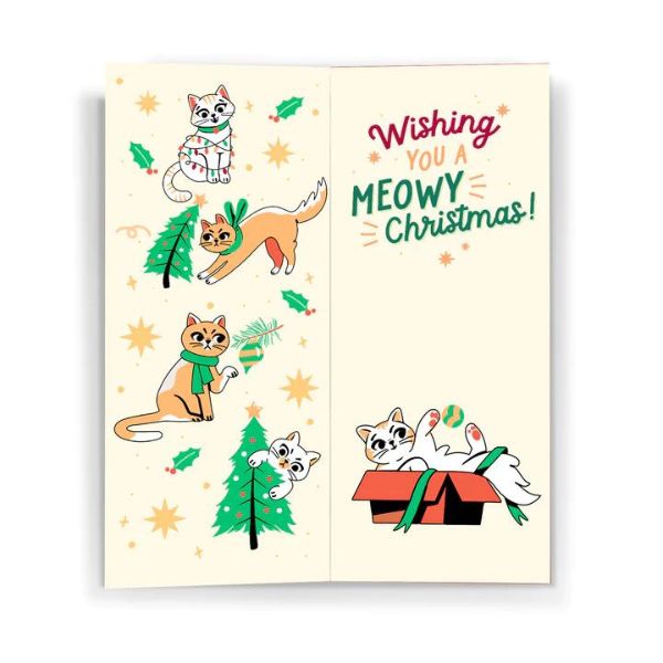 Card with cats and Christmas trees. Text reads "Wishing you a meowy Christmas!"