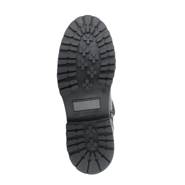 Outsole of black Anova Mid-Height Boot with grippy lugged tread for traction in winter conditions.