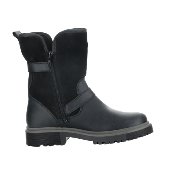 Side view of black Anova Mid-Height Boot for women featuring inner zipper and rugged waterproof design.