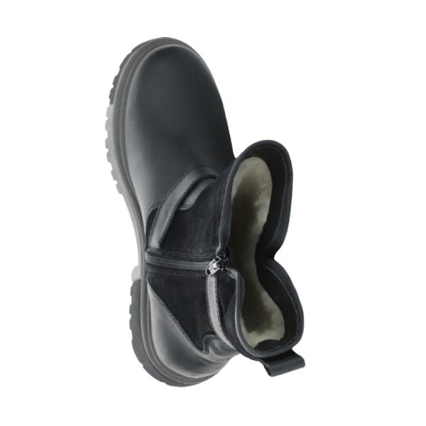 Top view of black Bos & Co Anova Boot showing cozy Merino wool lining and mid-calf height construction.