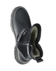 Top view of black Bos & Co Anova Boot showing cozy Merino wool lining and mid-calf height construction.