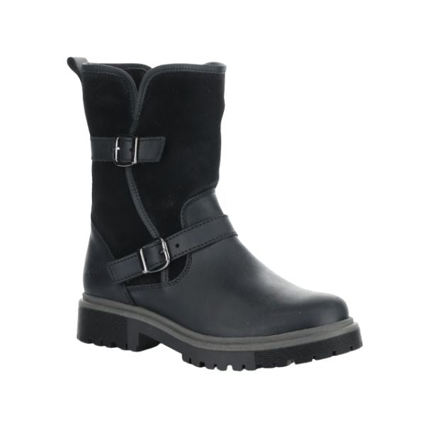 Women's Bos & Co Anova Mid-Height Boot in black with dual buckle straps and waterproof leather for winter wear.