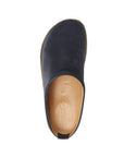 Top view of the Phillip Leather Clog in black. Lining and footbed is a tan smooth leather, with Haflinger logo embossed at the heel.