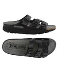 Top and side view of Mephisto Zach Footbed Sandal in black, showcasing ergonomic footbed and shock-absorbing sole design.