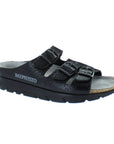 Mephisto Zach Footbed Sandal in black leather with three adjustable straps and cushioned sole for superior support and comfort.