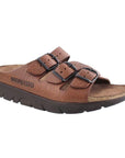 Mephisto Zach Footbed Sandal in brown leather with triple buckle straps and contoured footbed for all-day comfort.