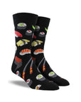 Women's Socksmith Sushi Socks in black featuring assorted sushi designs and chopsticks, breathable cotton crew socks for food enthusiasts.