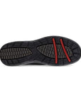 Black rubber outsole with red accents and Ecco logo at arch.