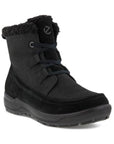 Black suede winter boot with lace closure and fuzzy black cuff and outsole. Ecco "e" logo is displayed on the tongue.