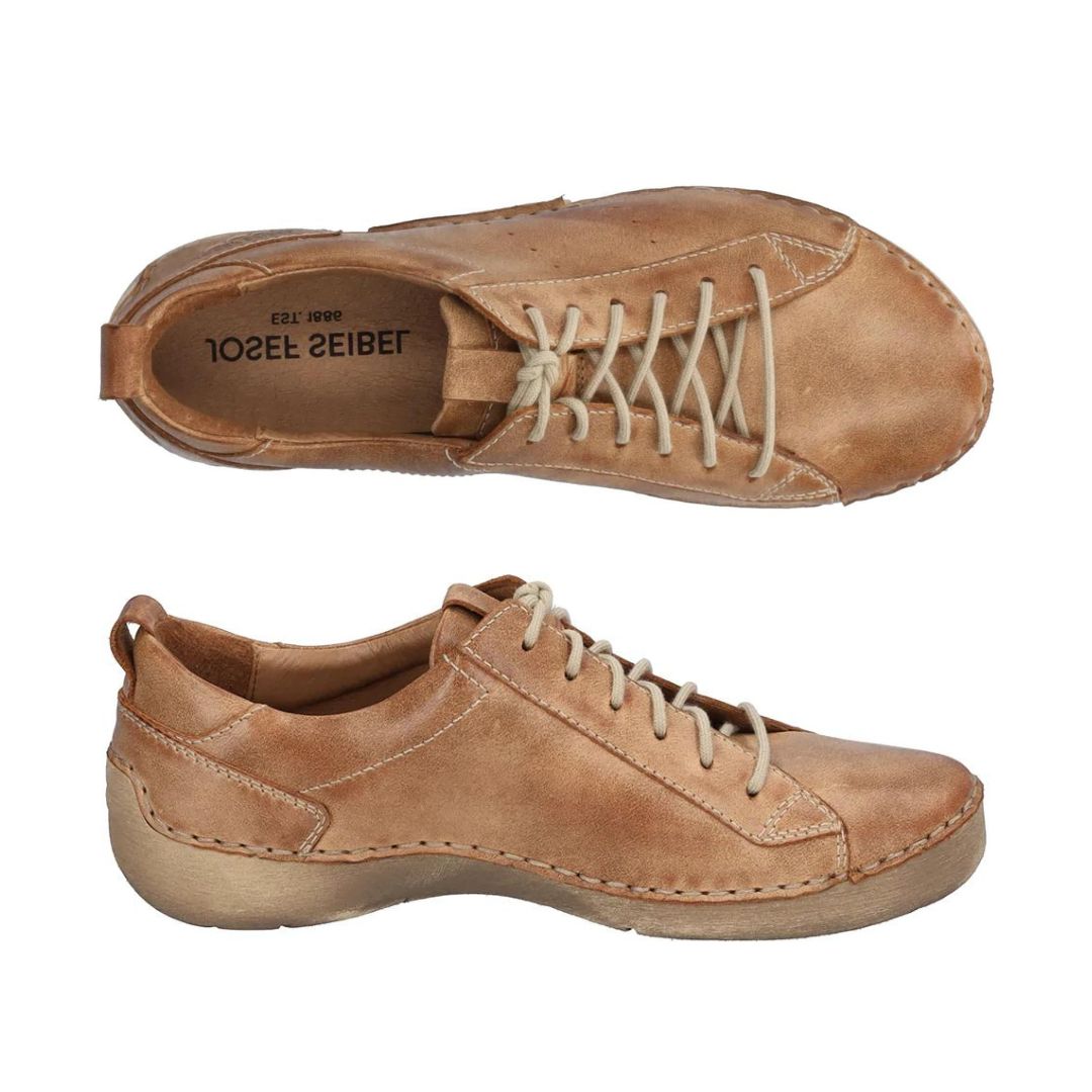 Top and side view of Fergey 56 Sneaker in Cognac. Lining is tan leather with Josef Seibel branding.