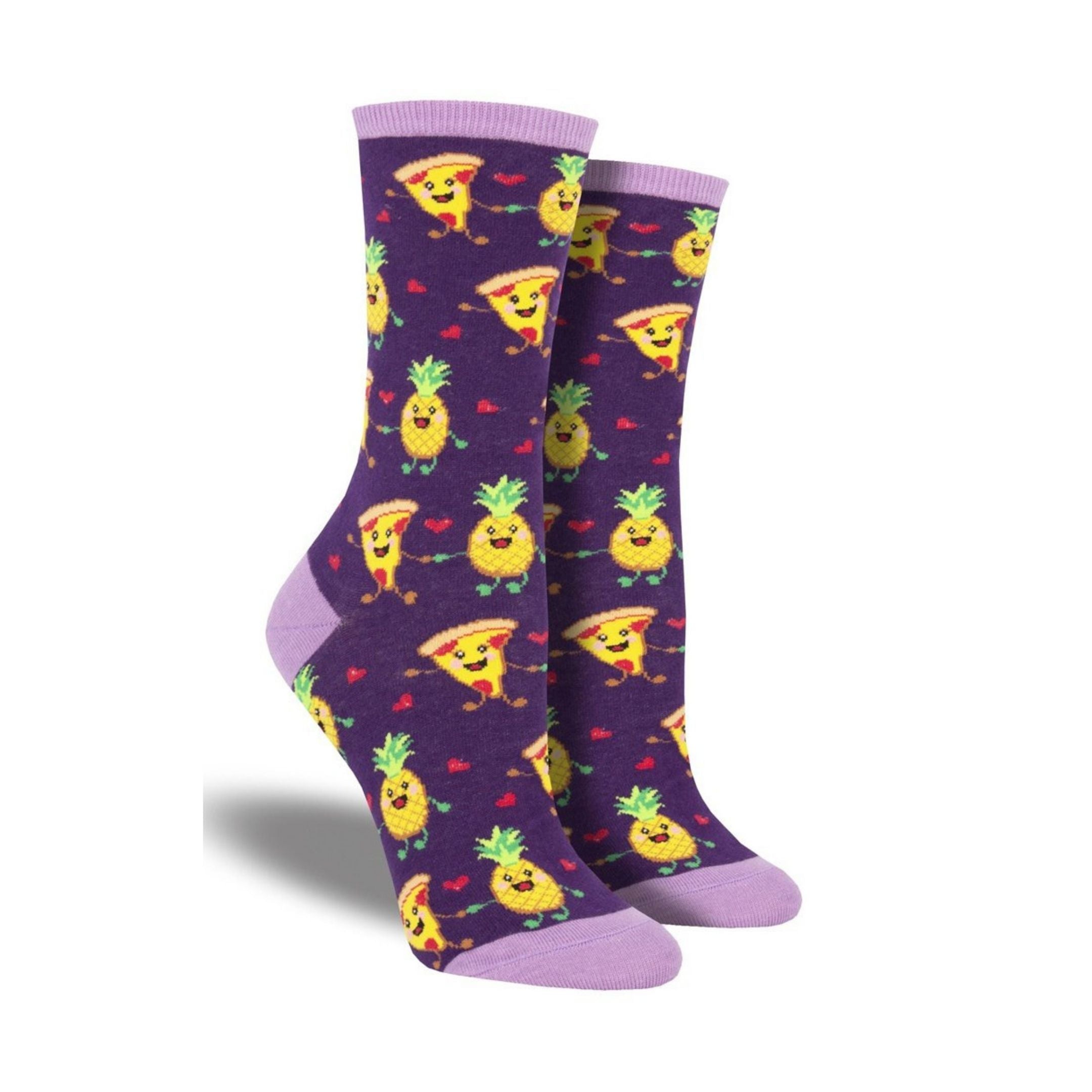 Purple Socks with Pizza and pineapples holding hands