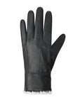 An Auclair black leather glove with grey faux fur cuff.