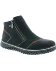 Black ankle boot with grey stitching details, few small red square designs and a front side zipper