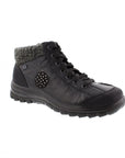 Black lace up ankle boot by Rieker with knit trim and black circle accent on side with dots.