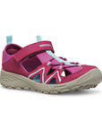 Kids Merrell Hydro Explorer Fisherman Sandal in pink and aqua with rugged sole and breathable design for active, water-friendly adventures.