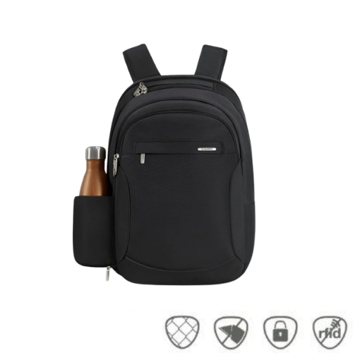 Black backpack with multiple zipper pockets, water bottle pocket and security icons below.
