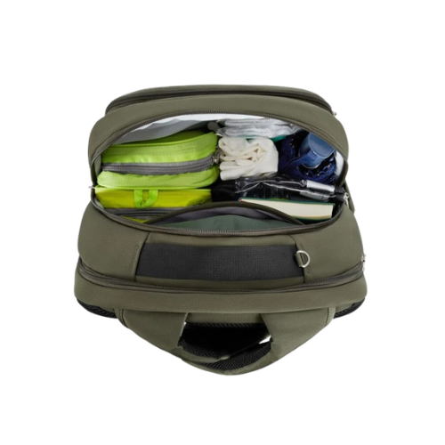 Green backpack with compartments open, showing various items fitting inside.