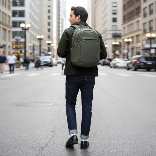 Man walking on a city street wearing a green backpack