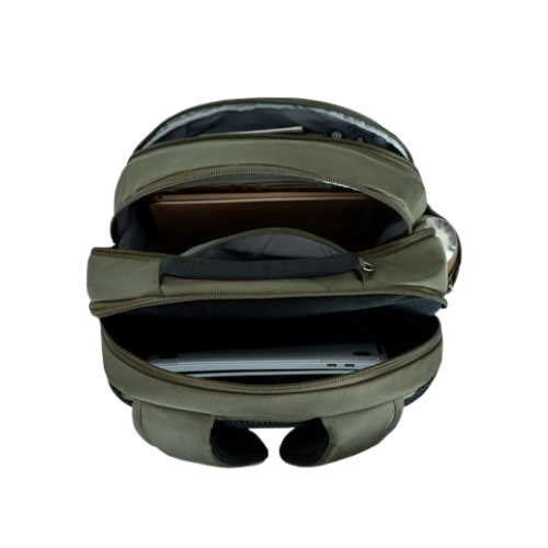 Open green backpack with multiple compartments.