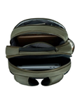 Open green backpack with multiple compartments.