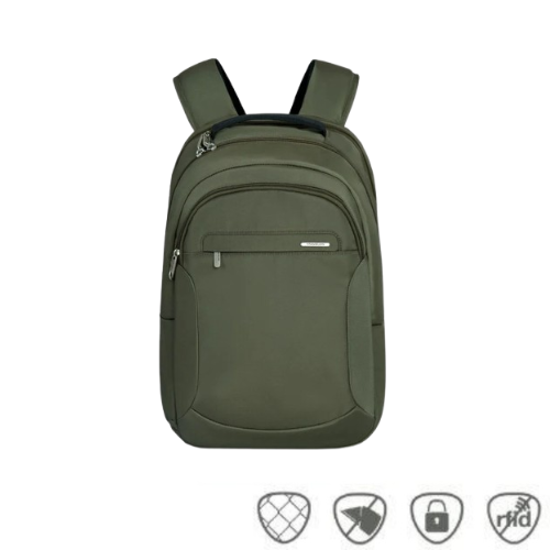 Green backpack with multiple zipper pockets and security icons below.