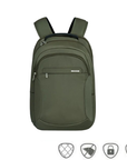 Green backpack with multiple zipper pockets and security icons below.