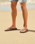 Green thong sandals worn by man on beach.