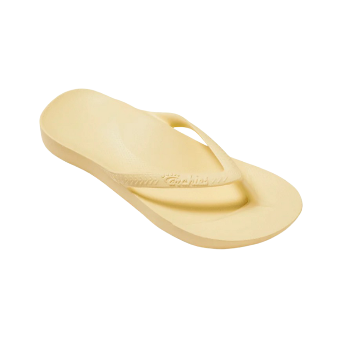 Yellow sandal with a visible Archies brand logo on a white background