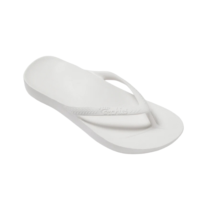 White sandal with Archies brand logo on a white background
