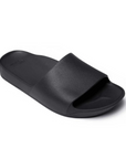 Black slide sandal with Archie logo stamped in heel.