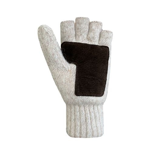 Beige knit mitten with brown suede leather patch on palm.