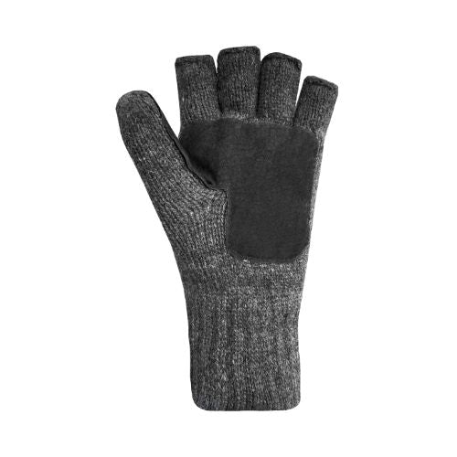 Grey knit mitten with black suede leather patch on palm.