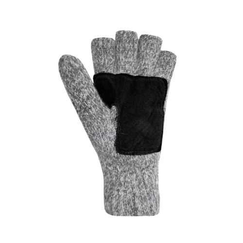 Grey knit mitten with black suede leather patch on palm.