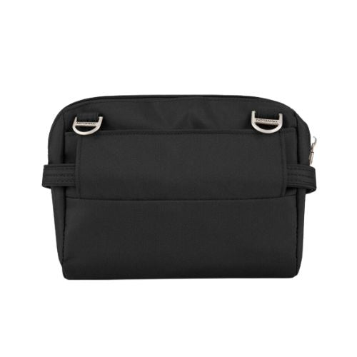 Back view of black Travelon bag with strap