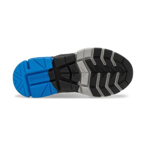 Grey sneaker with blue and black accents and velcro closure.