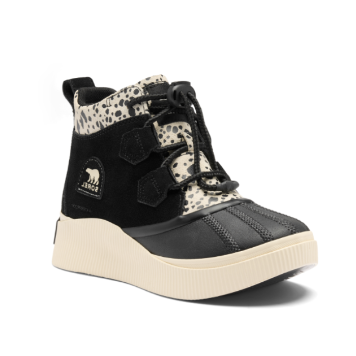 A high-top winter boot with black suede upper with black-and-white animal print panels, black laces, and a thick cream-colored platform midsole.
