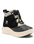 A high-top winter boot with black suede upper with black-and-white animal print panels, black laces, and a thick cream-colored platform midsole.