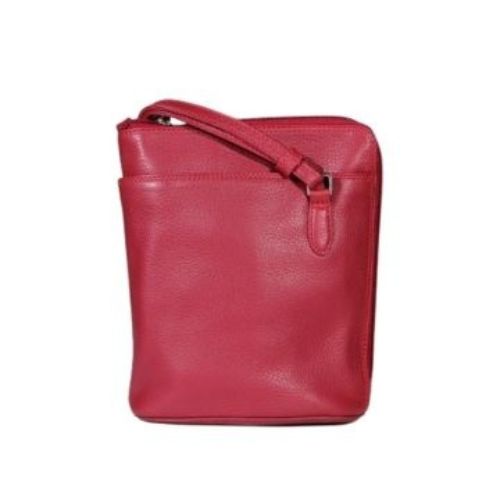 Red bucket bag by Derek Alexander with an adjustable shoulder strap