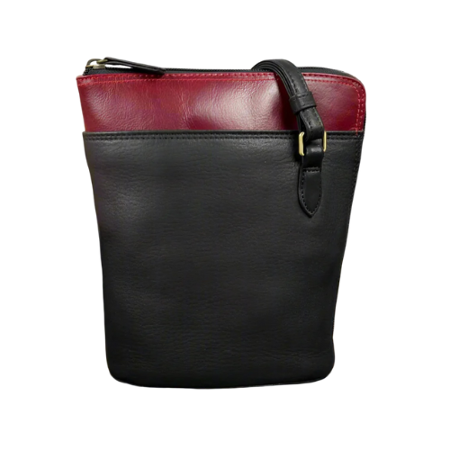 Black and red leather crossbody bag with contrast top panel, black straps and secure zip closure.