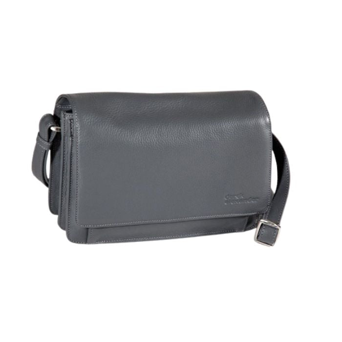 Grey leather clutch style hand bag with front flap pocket and adjustable strap by Derek Alexander