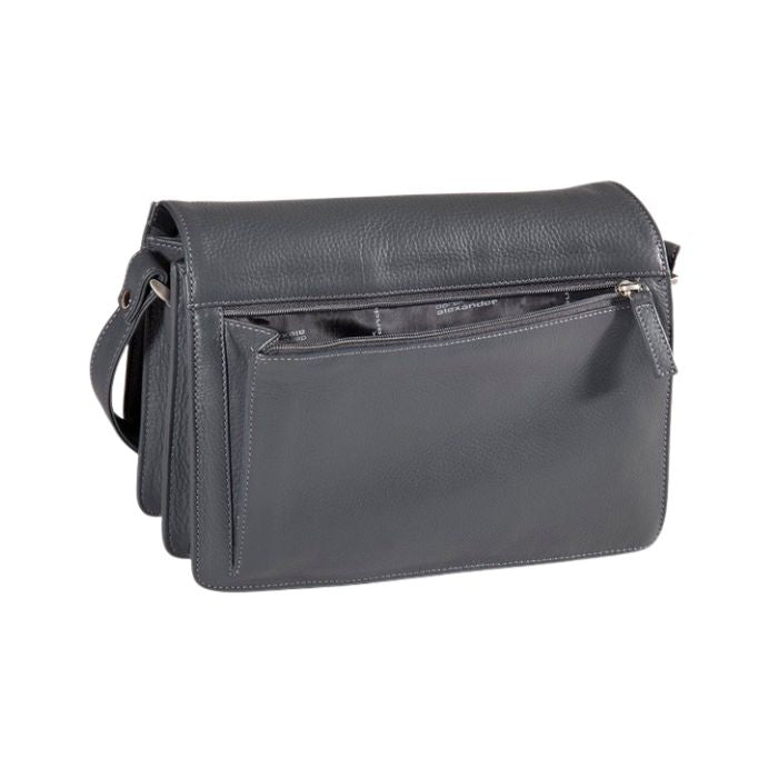 Back view of grey leather handbag with open exterior zipper.