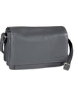 Grey leather clutch style hand bag with front flap pocket and adjustable strap by Derek Alexander