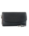 Rectangular black leather bag with flap closure and a detachable shoulder strap.