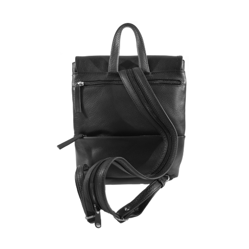 Back of black rectangle leather backpack with zipper back pockets, two shoulder straps, handle strap and detail stitching.