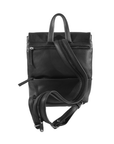 Back of black rectangle leather backpack with zipper back pockets, two shoulder straps, handle strap and detail stitching.