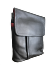 Black rectangle leather backpack with large flip top.
