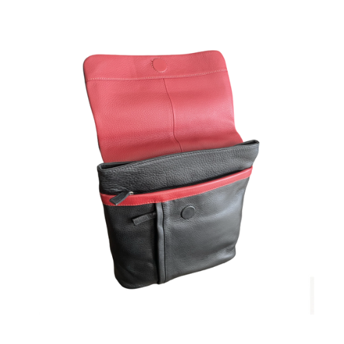 Open Black rectangle leather backpack with large magnet flip top, red interior accents and zipper pockets.
